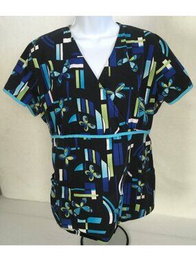 SB Scrub Top Size M Black w Blue Green Butterflies Rectangles Pockets V neck